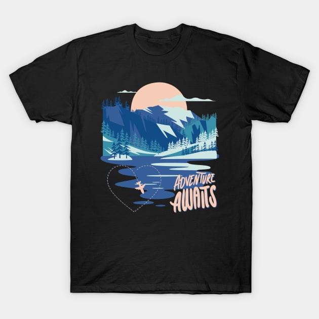 Lets start the adventure scenic wild outdoors mountain landscape T-Shirt by BoogieCreates